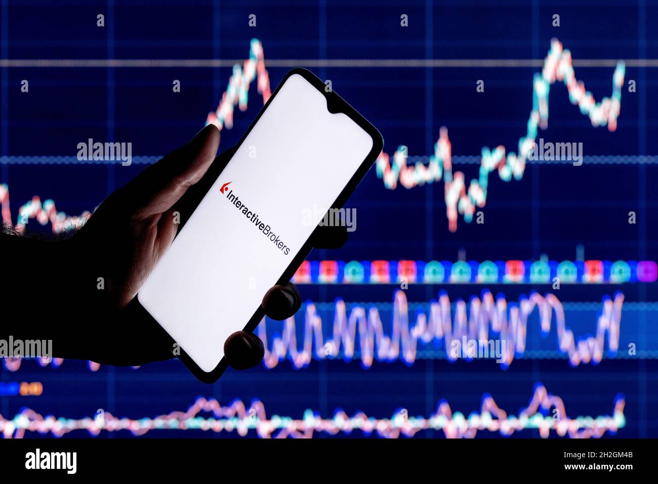A smartphone with the Interactive Broker logo in hand. Interactive Broker stock chart on the background. Stock Photo