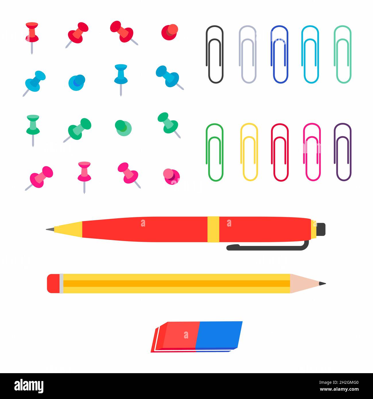 Office multi colored paper pins, paper clips, pen, pencil and eraser