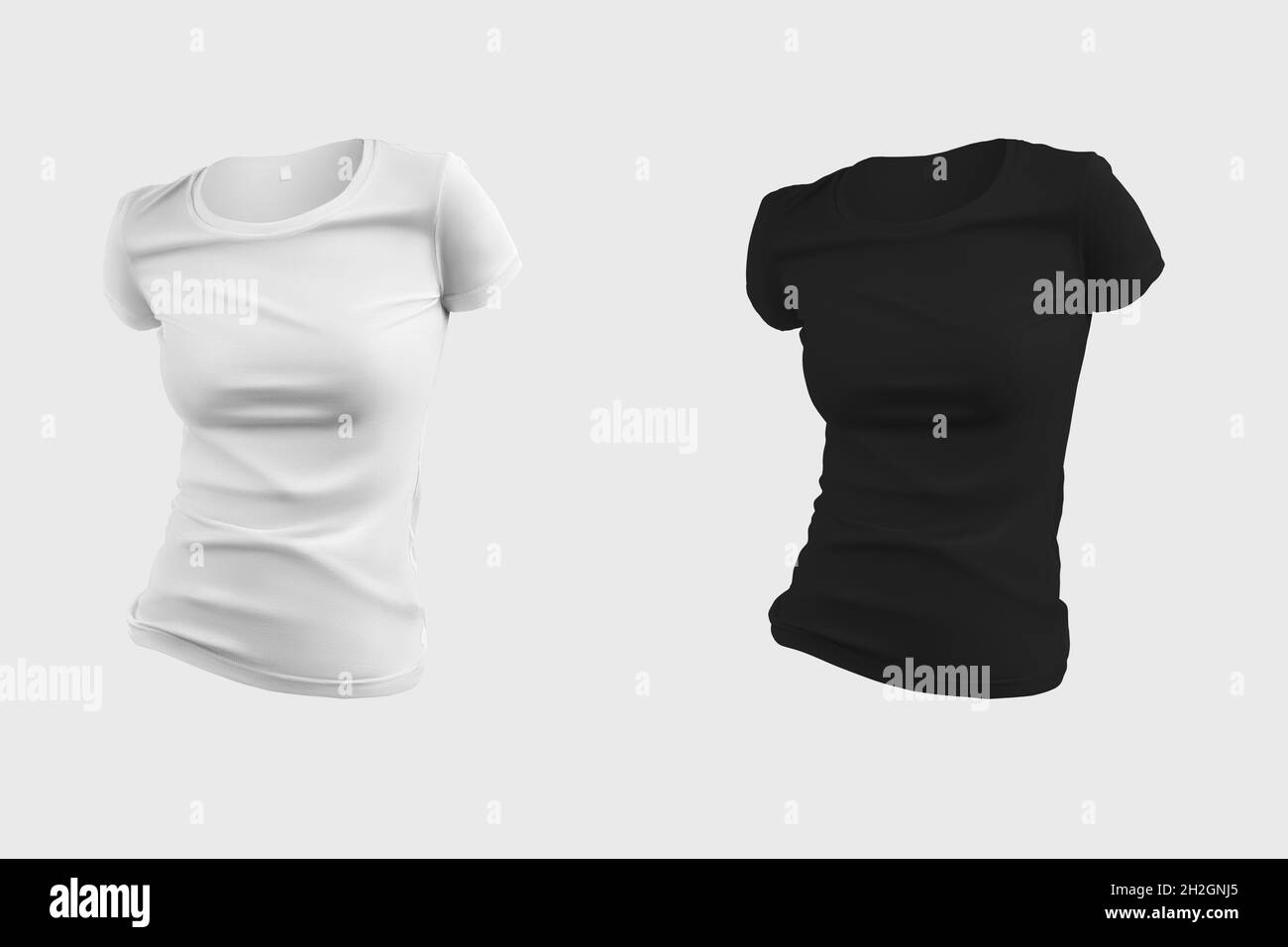 Womens clothing template, 3D rendering, front view, wrinkled t-shirt, isolated on background. Mockup of fashionable sportswear, no body, for presentat Stock Photo