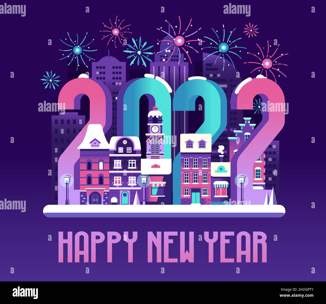 2022 Happy New Year Eve Scene with Fireworks Stock Vector