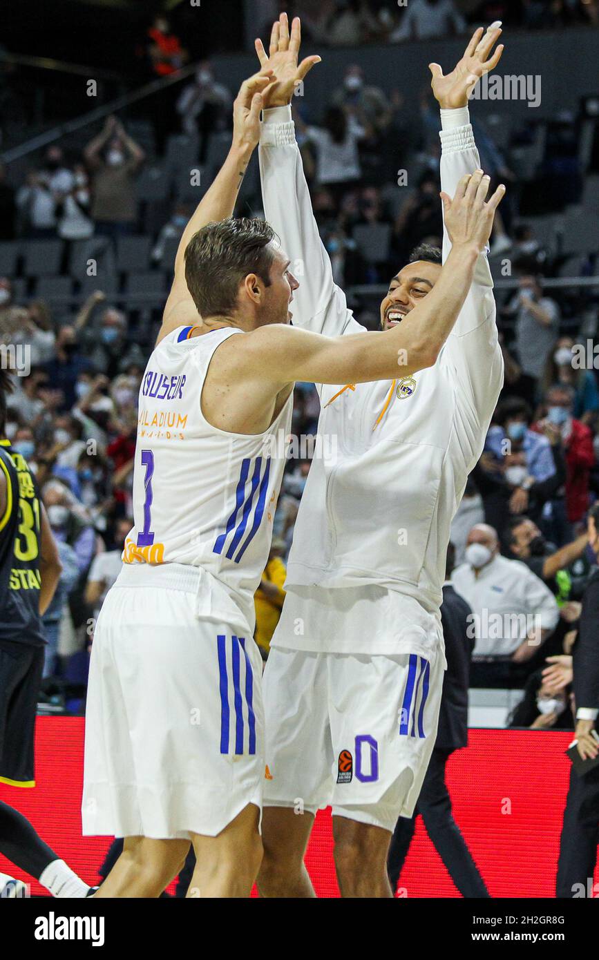 Madrid, Spain, October 21, 2021, Fabien Causer and Williams-Goss of Real  Madrid celebrate the victory during the Turkish Airlines Euroleague  basketball match between Real Madrid and Fenerbahce on October 21, 2021 at