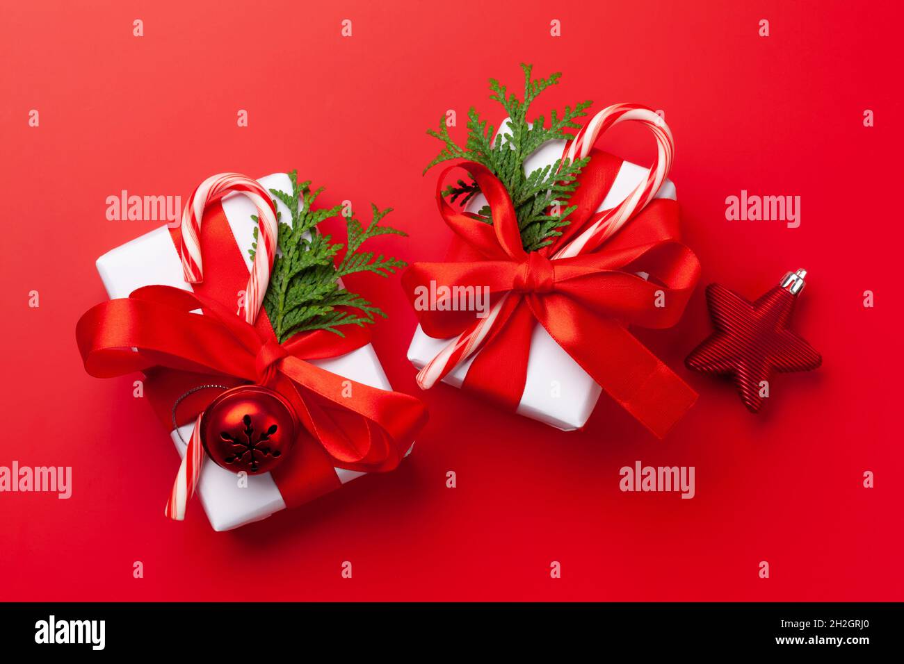 Christmas gift boxes with craft decor. Top view flat lay Stock Photo