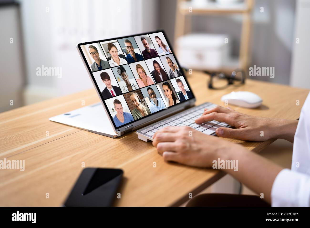 Video Conference Webinar Online Call Meeting On Laptop Stock Photo