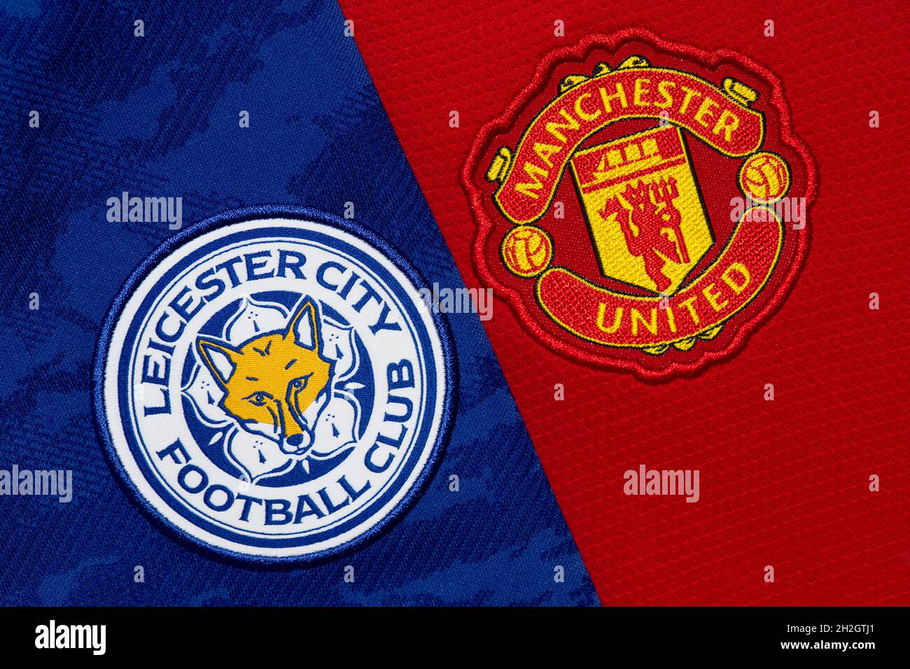 Close up of Leicester and Man United club crest. Stock Photo