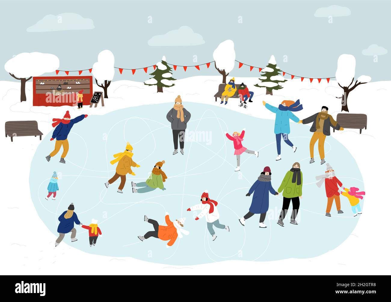 People skating on ice rink outdoors. Winter Stock Vector