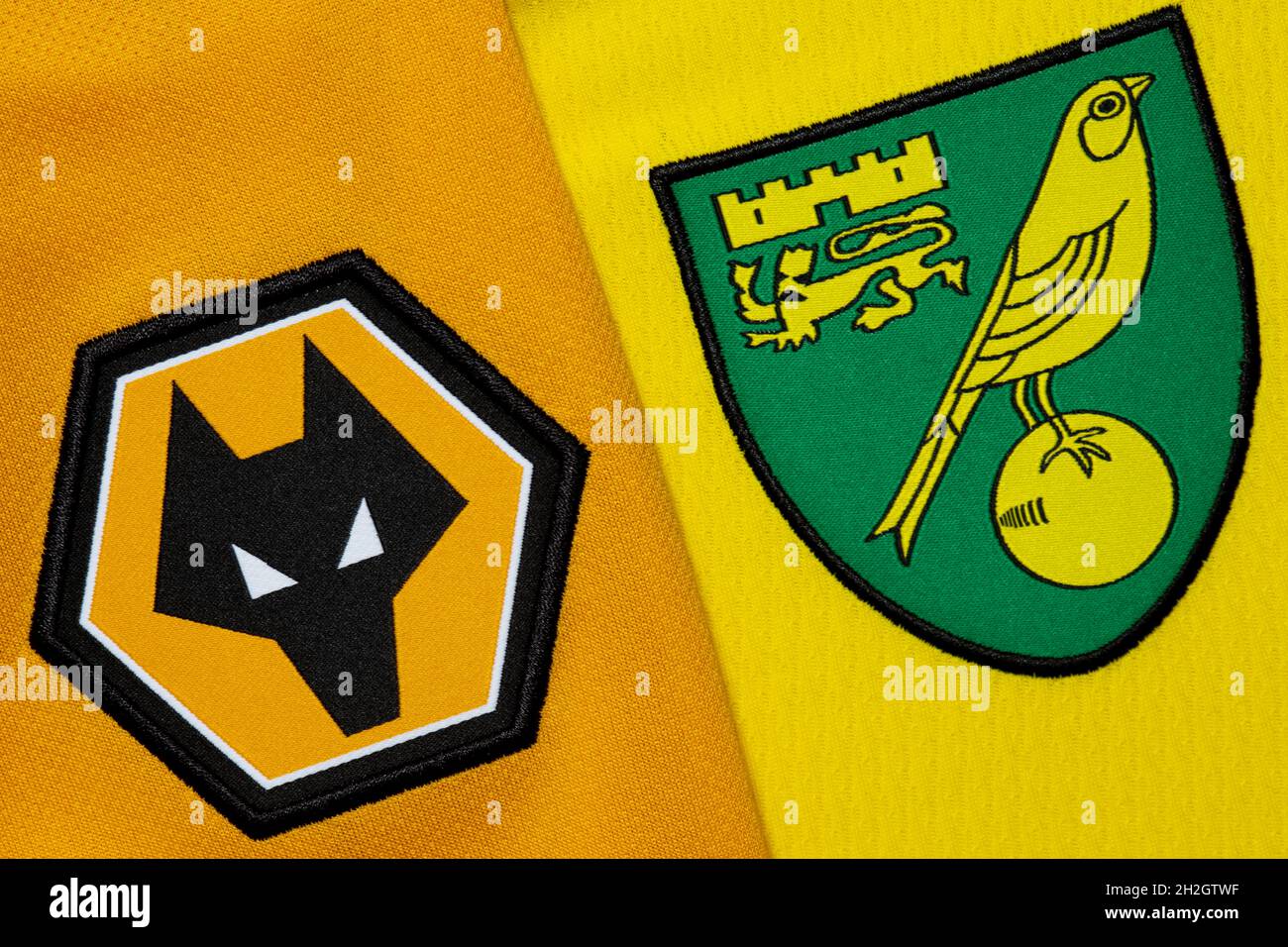 Close up of Wolverhampton Wanderers and Norwich City club crest. Stock Photo