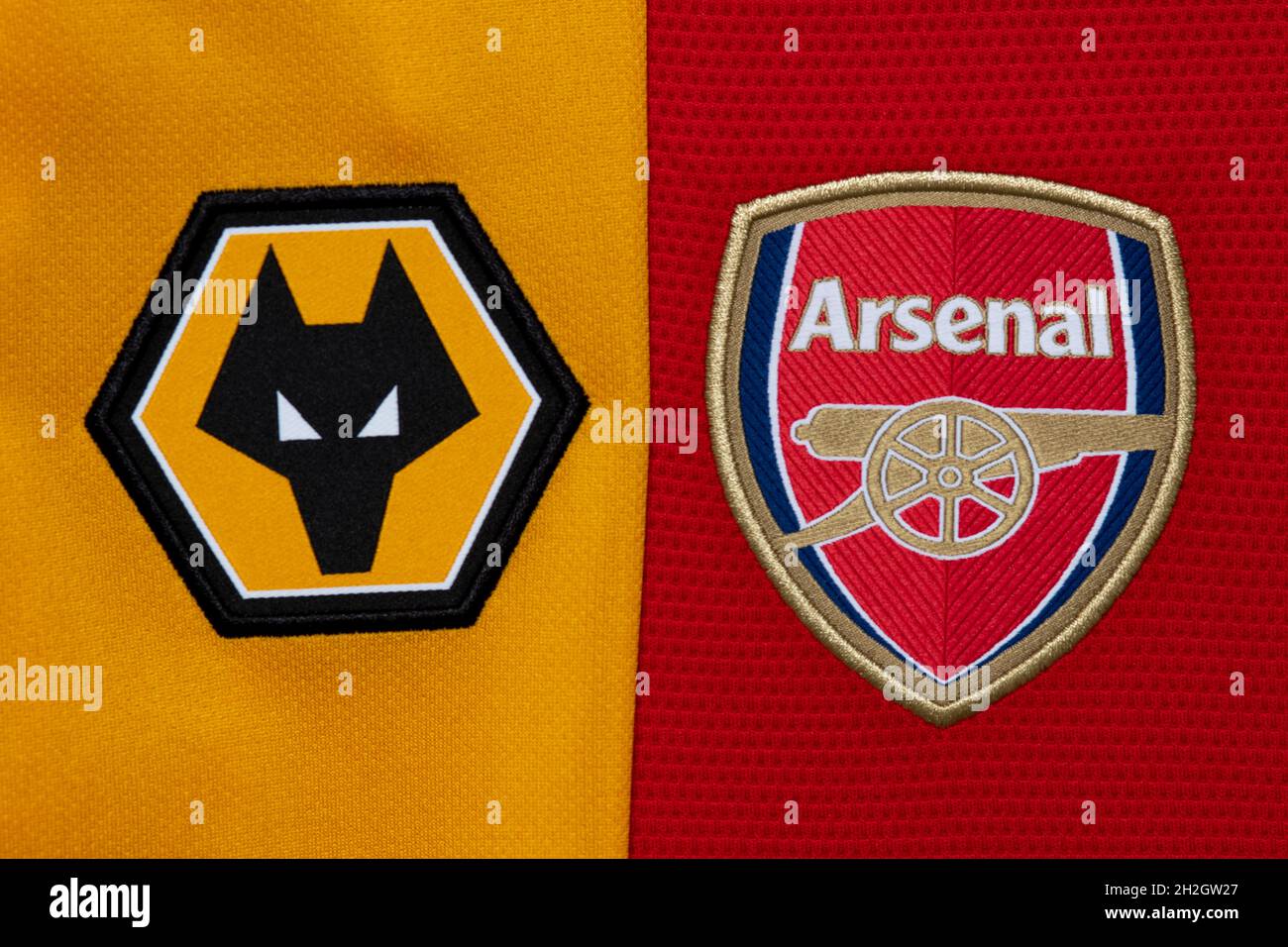 Close up of Wolves and Arsenal club crest. Stock Photo