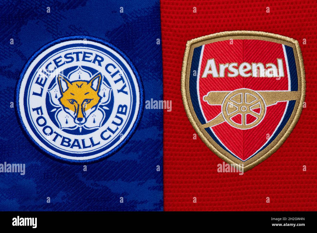 Close up of Leicester City and Arsenal club crest. Stock Photo