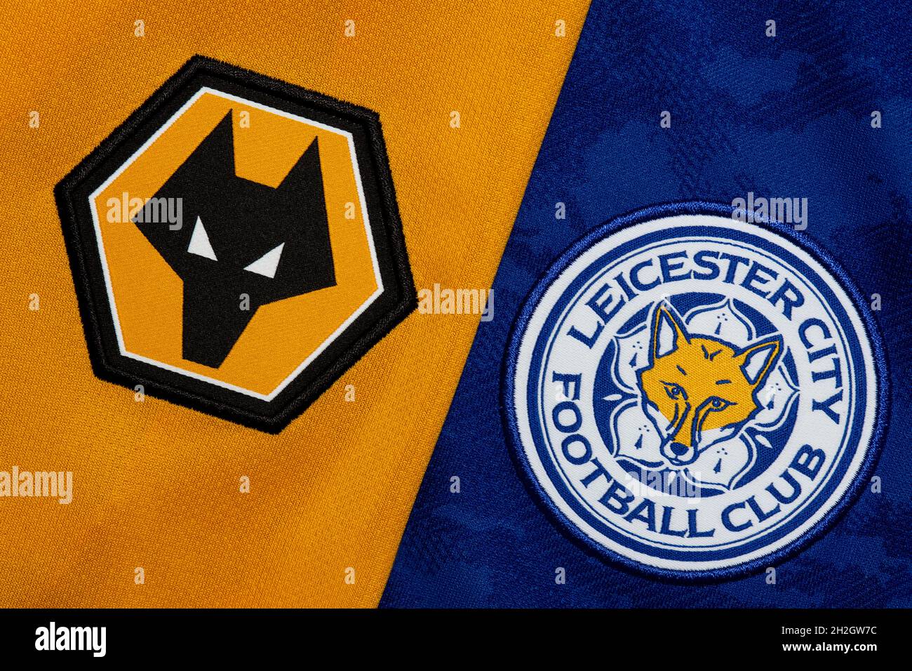 Close up of Wolverhampton Wanderers and Leicester City club crest. Stock Photo