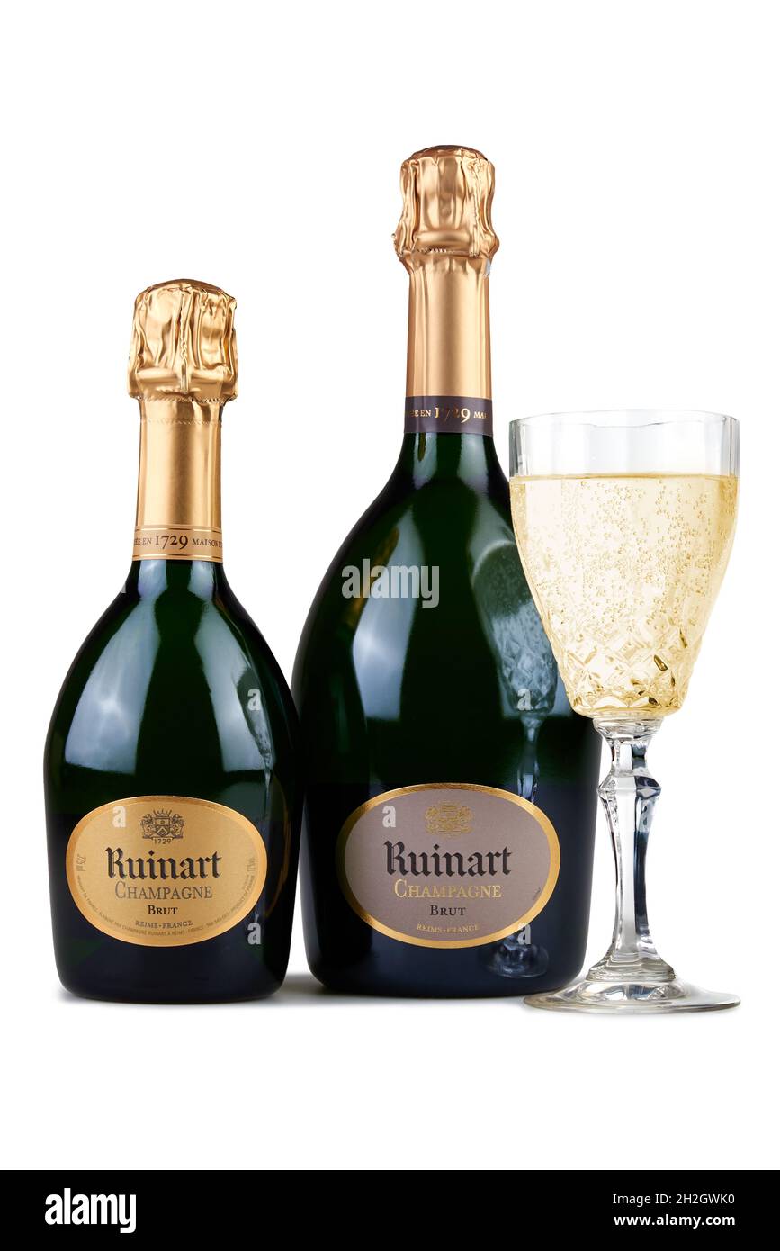 BRUSSELS, BELGIUM - NOVEMBER 25, 2020: Two different kind of Champagne Ruinart Bottles and a filled glass. Isolated on white Stock Photo