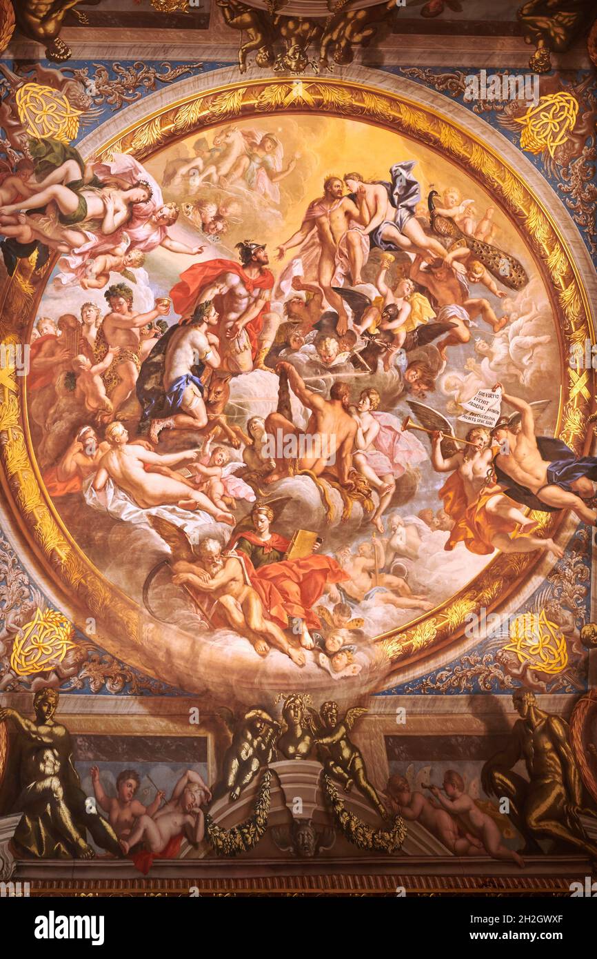 Ceiling painting by Verrio in the Second George room at Burghley House, an elizabethan mansion built by William Cecil, Lord Burghley, at Stamford. Stock Photo
