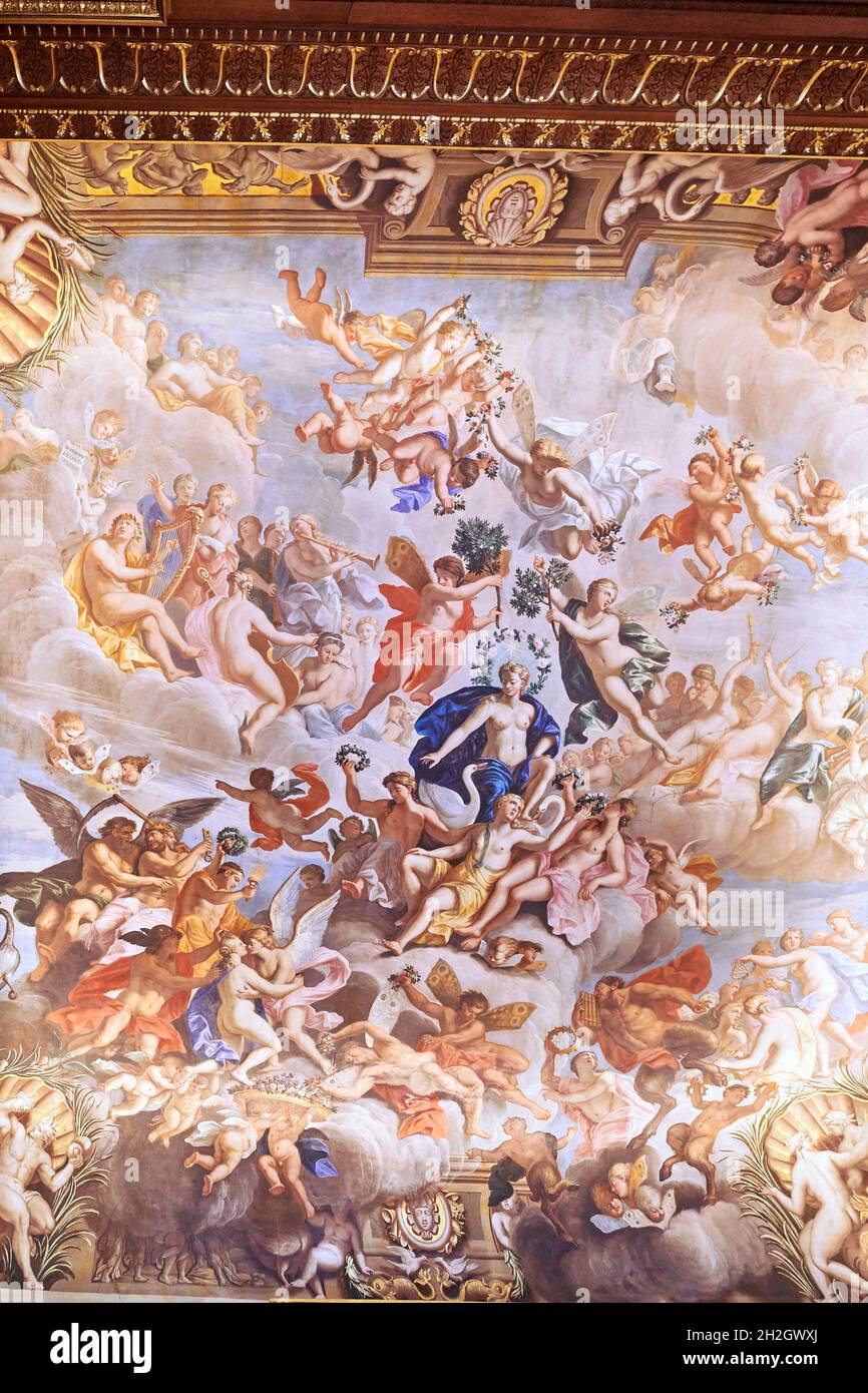Ceiling painting by Verrio in the Fourth George room at Burghley House, an elizabethan mansion built by William Cecil, Lord Burghley, at Stamford. Stock Photo