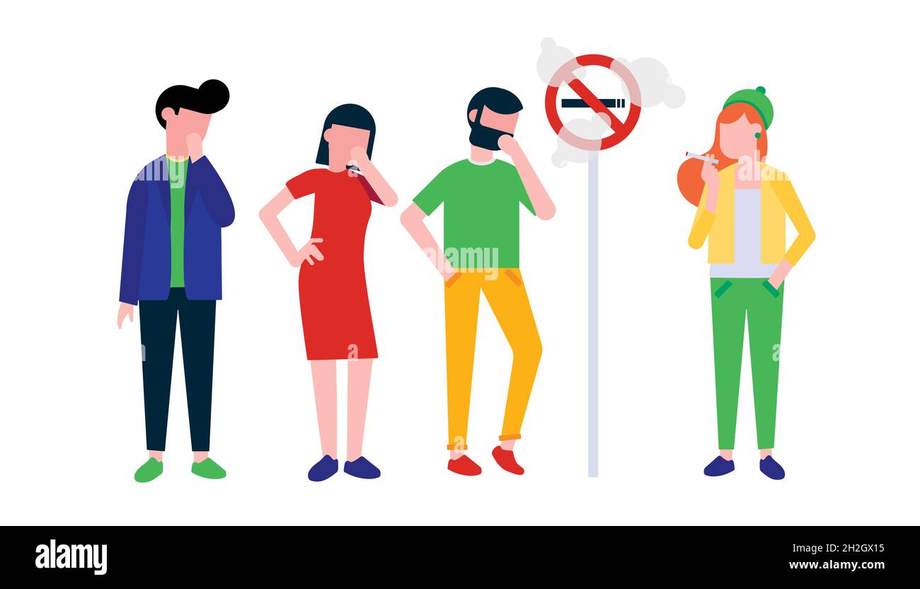 Group of people. Boy smokes cigarette near no smoking sign Stock Vector