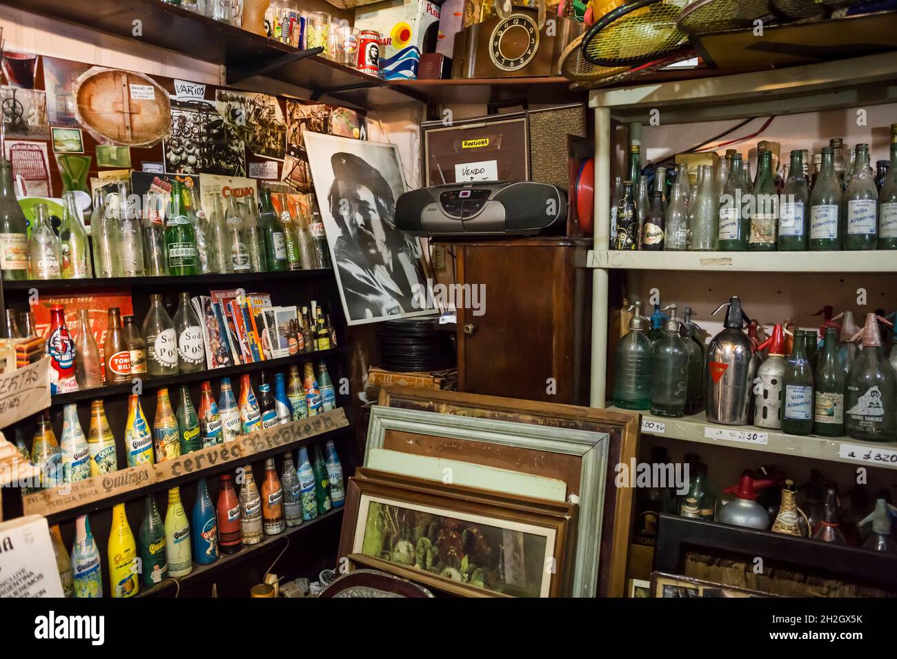 Horizontal view of part of the merchandising of an antique shop in San Telmo Market, San Telmo neighborhood, Buenos Aires, Argentina Stock Photo