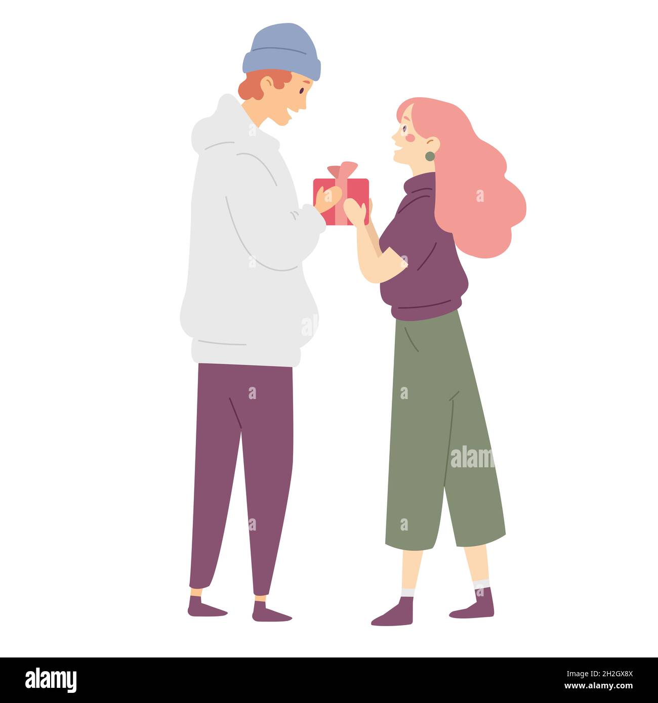 Young man giving a woman present box, girl receiving a gift from a boy Stock Vector