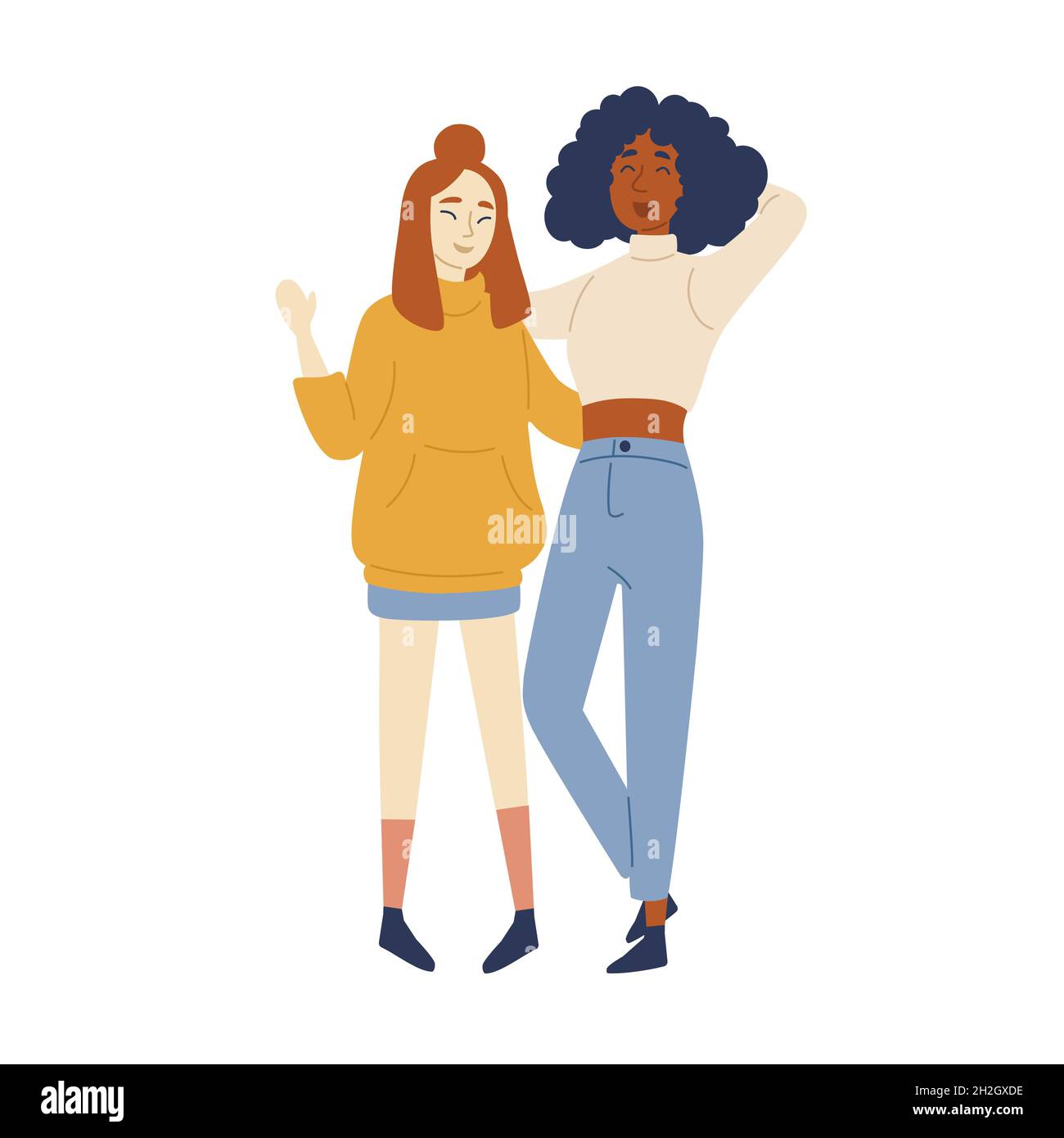 Black and asian women friends. Full lenght portarait of two beautiful girls posing and looking at camera Stock Vector