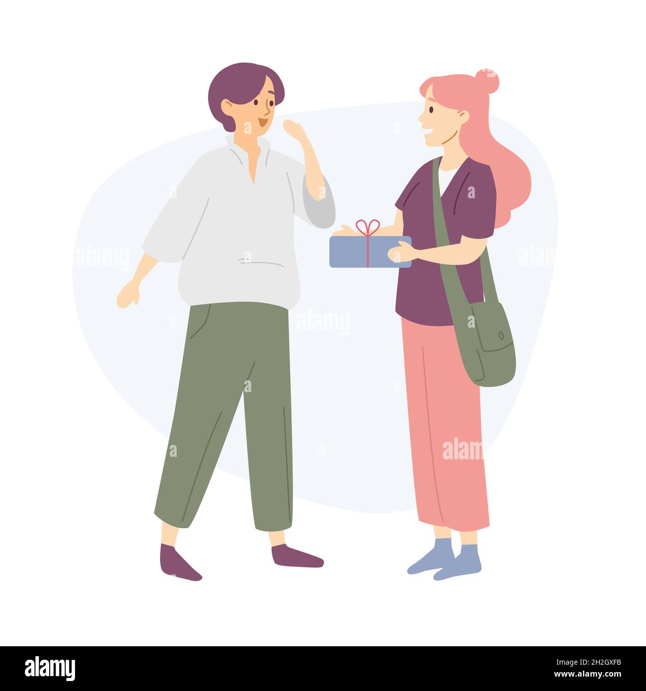 Young woman giving a friend present box, girl receiving a gift Stock Vector