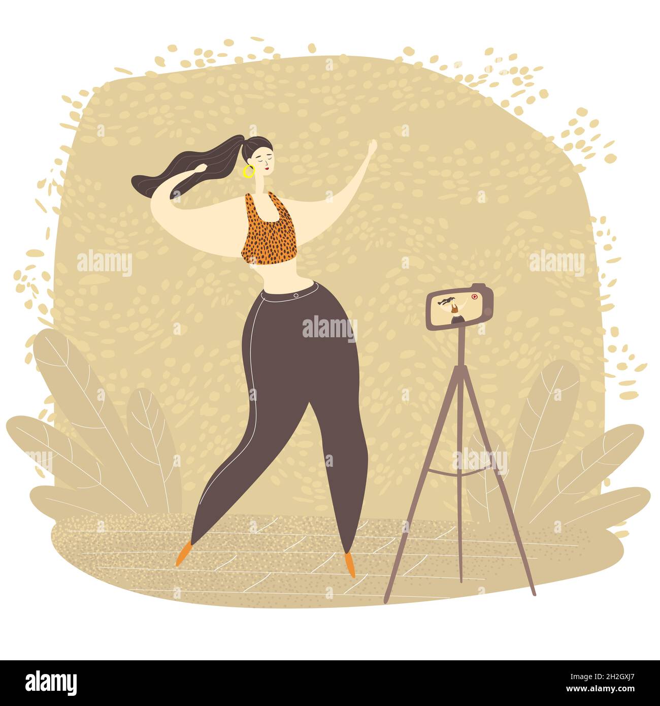 Female video blogger is dancing on camera. Young woman is live streaming with smart phone. Dance challenge. Cartoon vector illustration Stock Vector