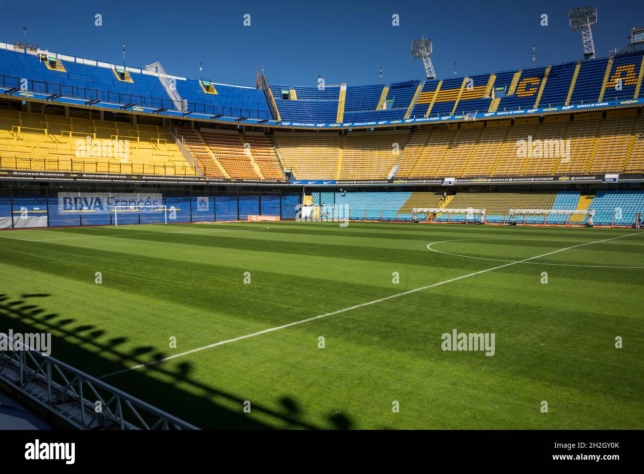 Horizontal lateral view of La Bombonera field (Boca Juniors soccer field) and stands, La Boca neighborhood, Buenos Aires, Argentina Stock Photo