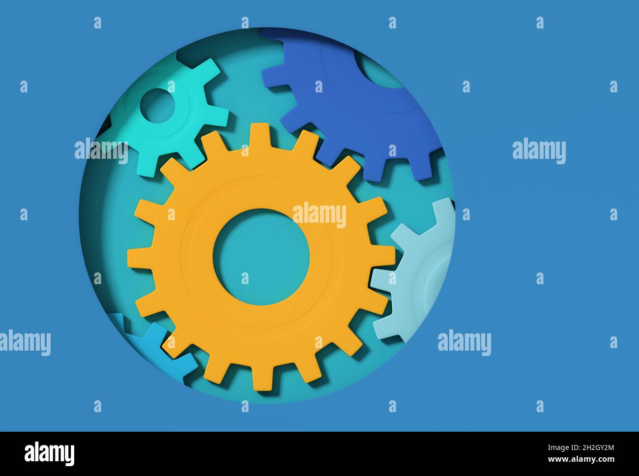 Mechanical gears background; many colorful gear cogs isolated on blue