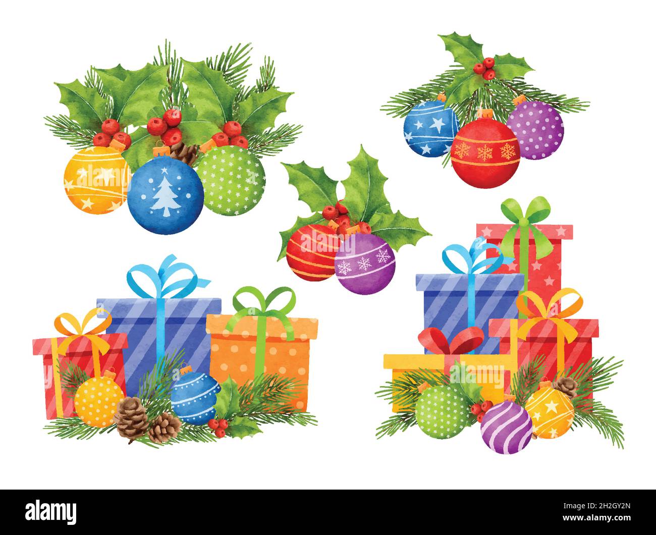 Christmas decoration watercolor style isolated on white background. Stock Vector