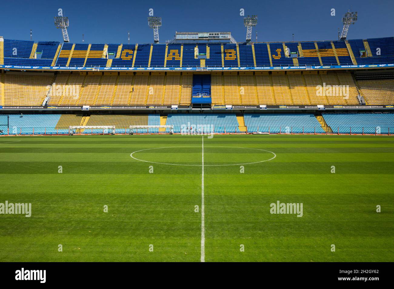 Horizontal frontal view of La Bombonera field (Boca Juniors soccer field) and stands, La Boca neighborhood, Buenos Aires, Argentina Stock Photo