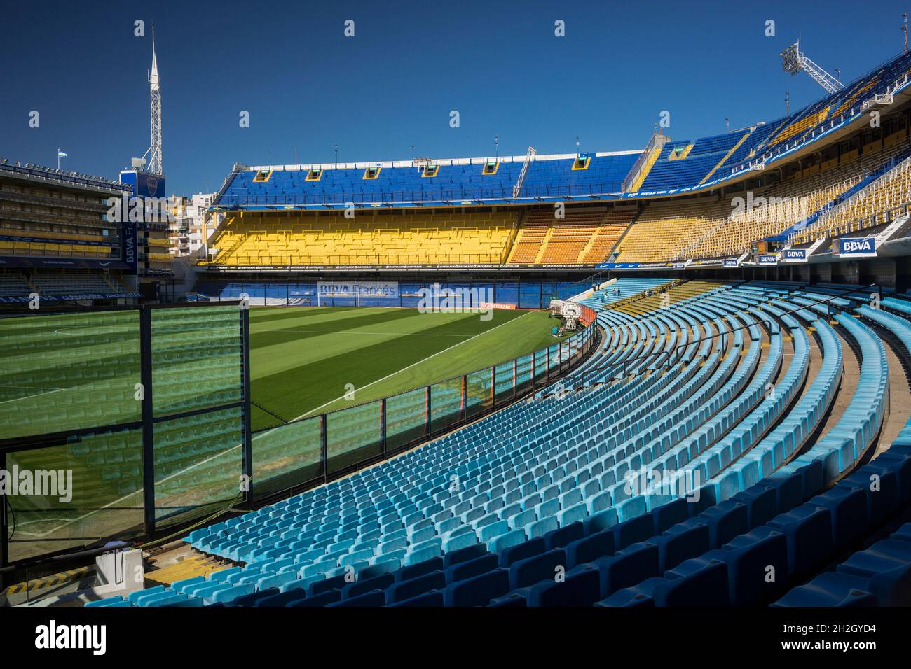 Horizontal lateral view of La Bombonera (Boca Juniors soccer field) stands and field, La Boca neighborhood, Buenos Aires, Argentina Stock Photo