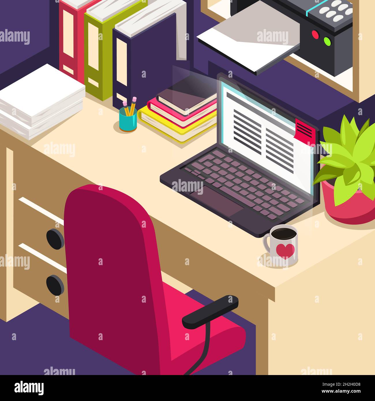 Workplace office work Objects on table Isometric concept of workspace