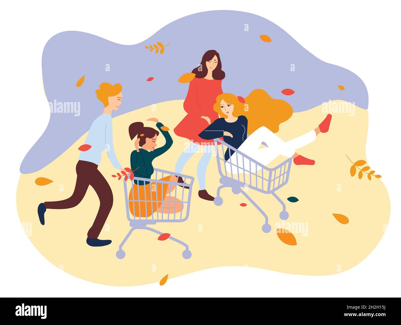 Young people racing with shopping cart. Friends having fun on trolleys Stock Vector