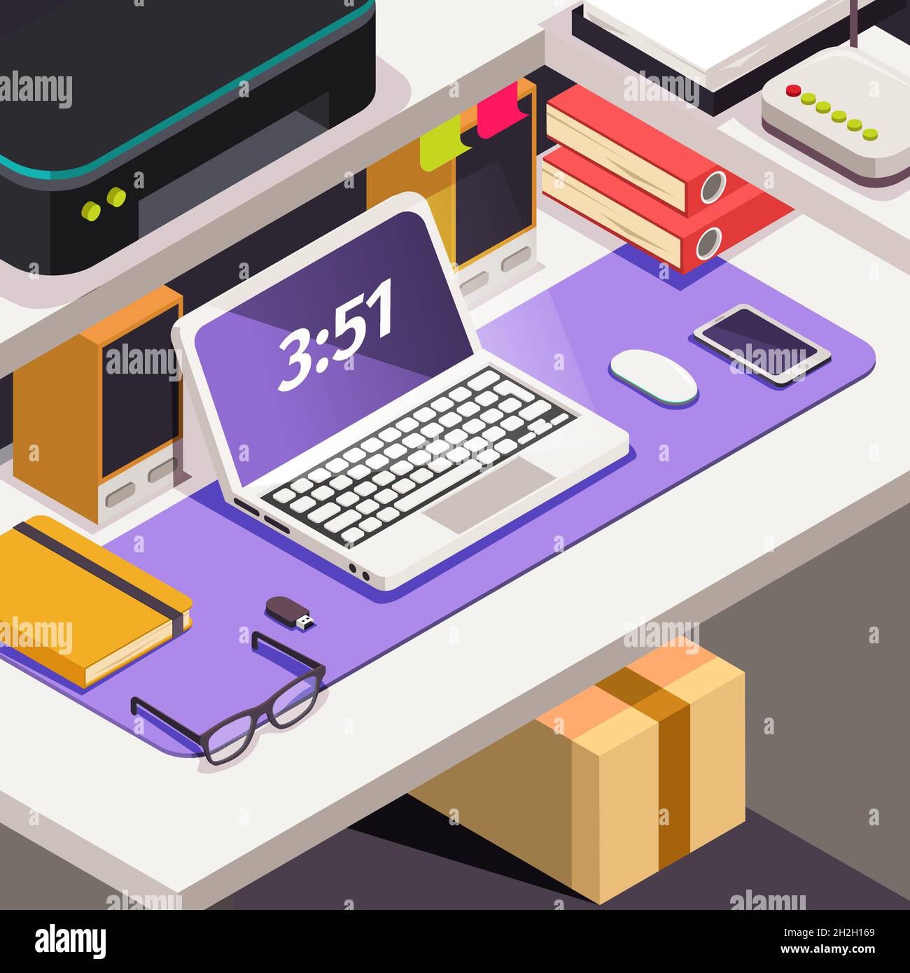 Workplace office work Objects on table Isometric concept of workspace