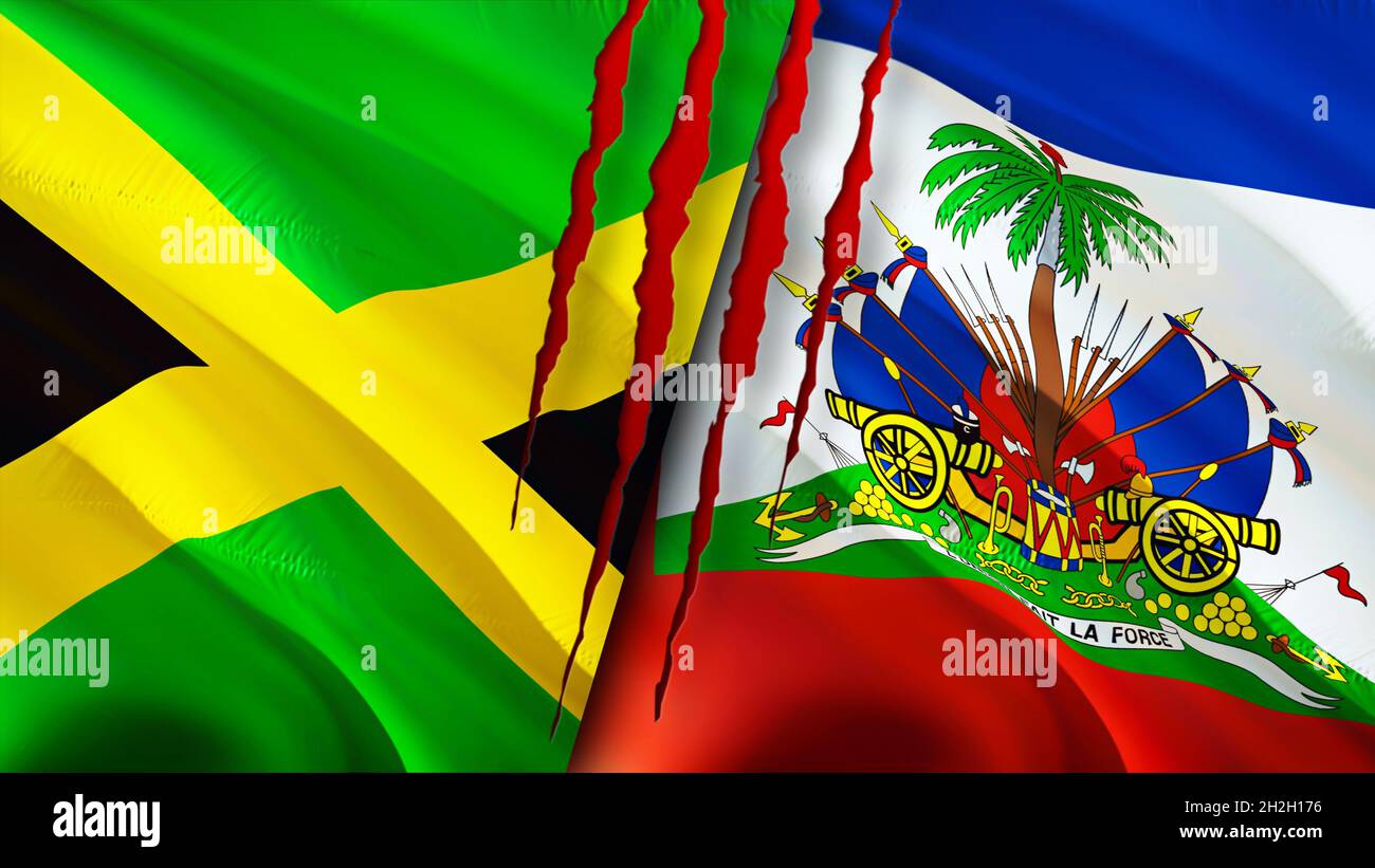 Jamaica and Haiti flags with scar concept. Waving flag,3D rendering