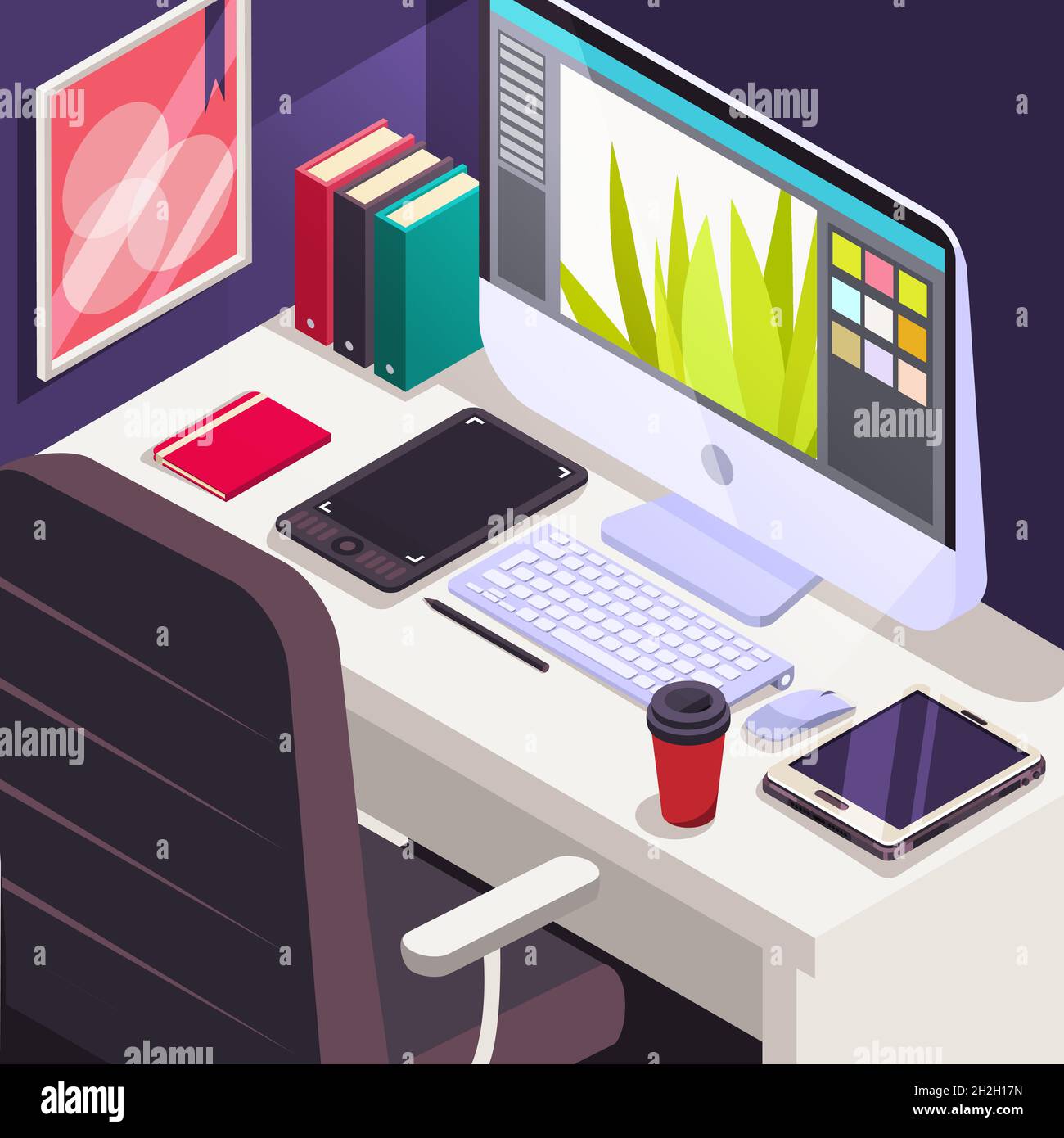 Workplace office work Objects on table Isometric concept of workspace