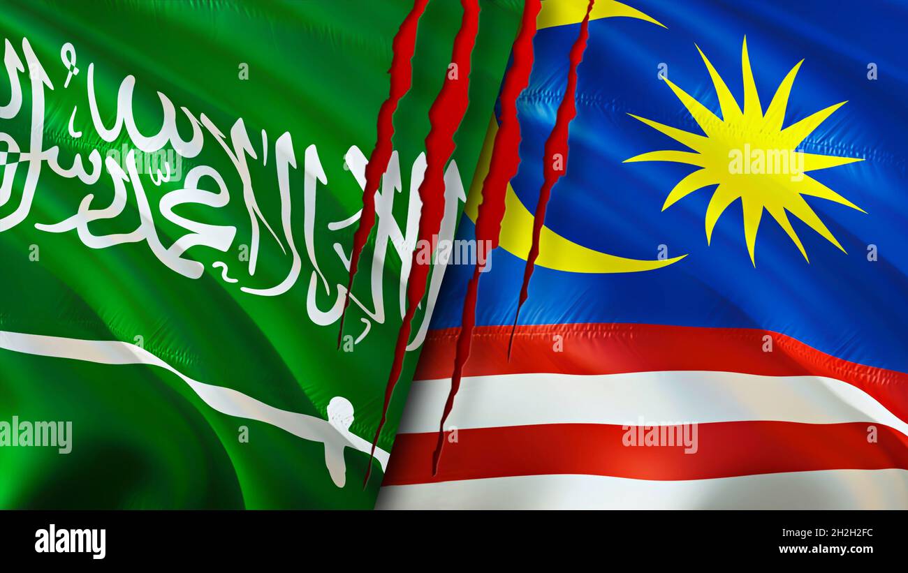 Saudi Arabia and Malaysia flags with scar concept. Waving flag,3D rendering. Malaysia and Saudi Arabia conflict concept. Saudi Arabia Malaysia relatio Stock Photo