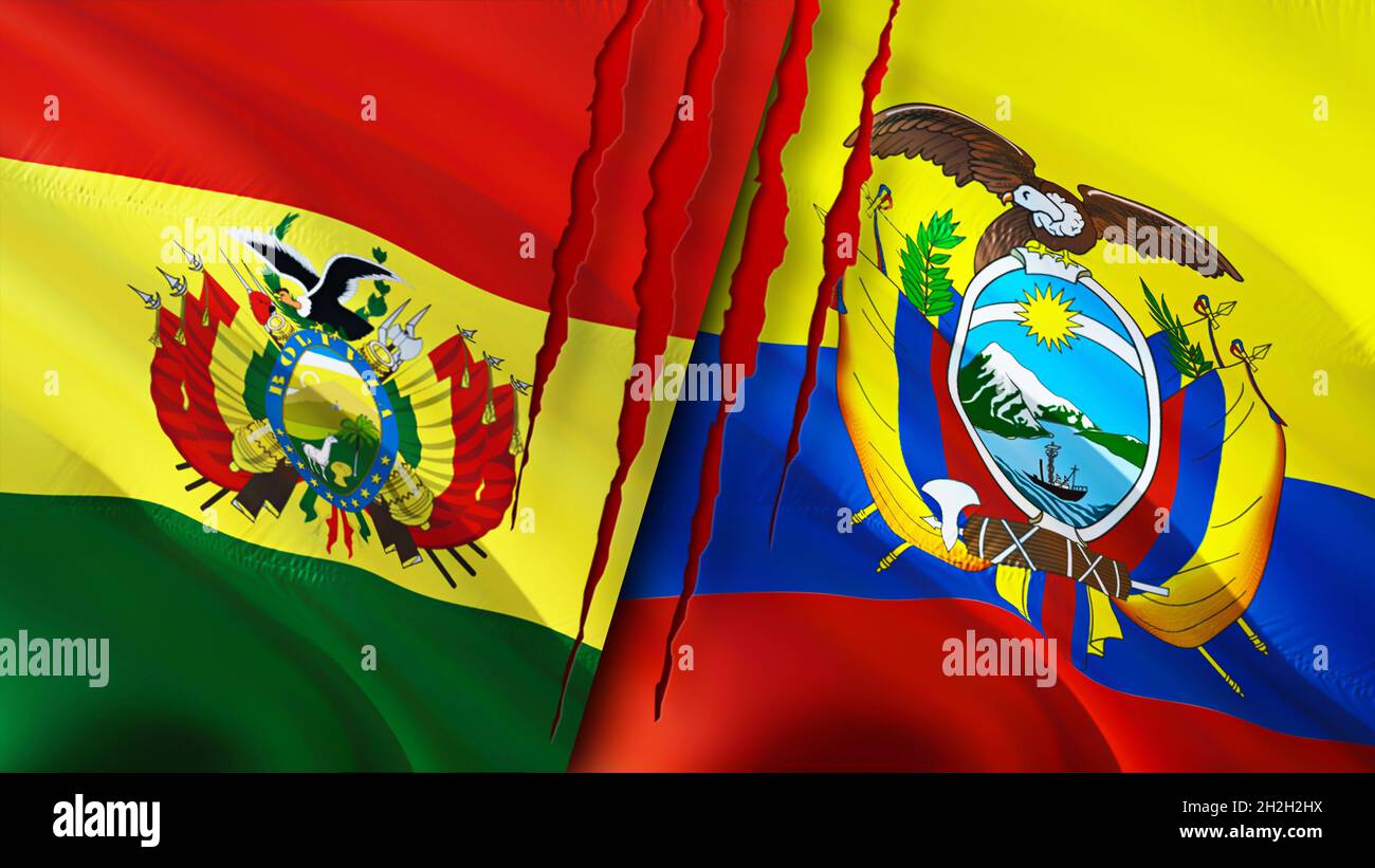 Bolivia and Ecuador flags with scar concept. Waving flag,3D rendering