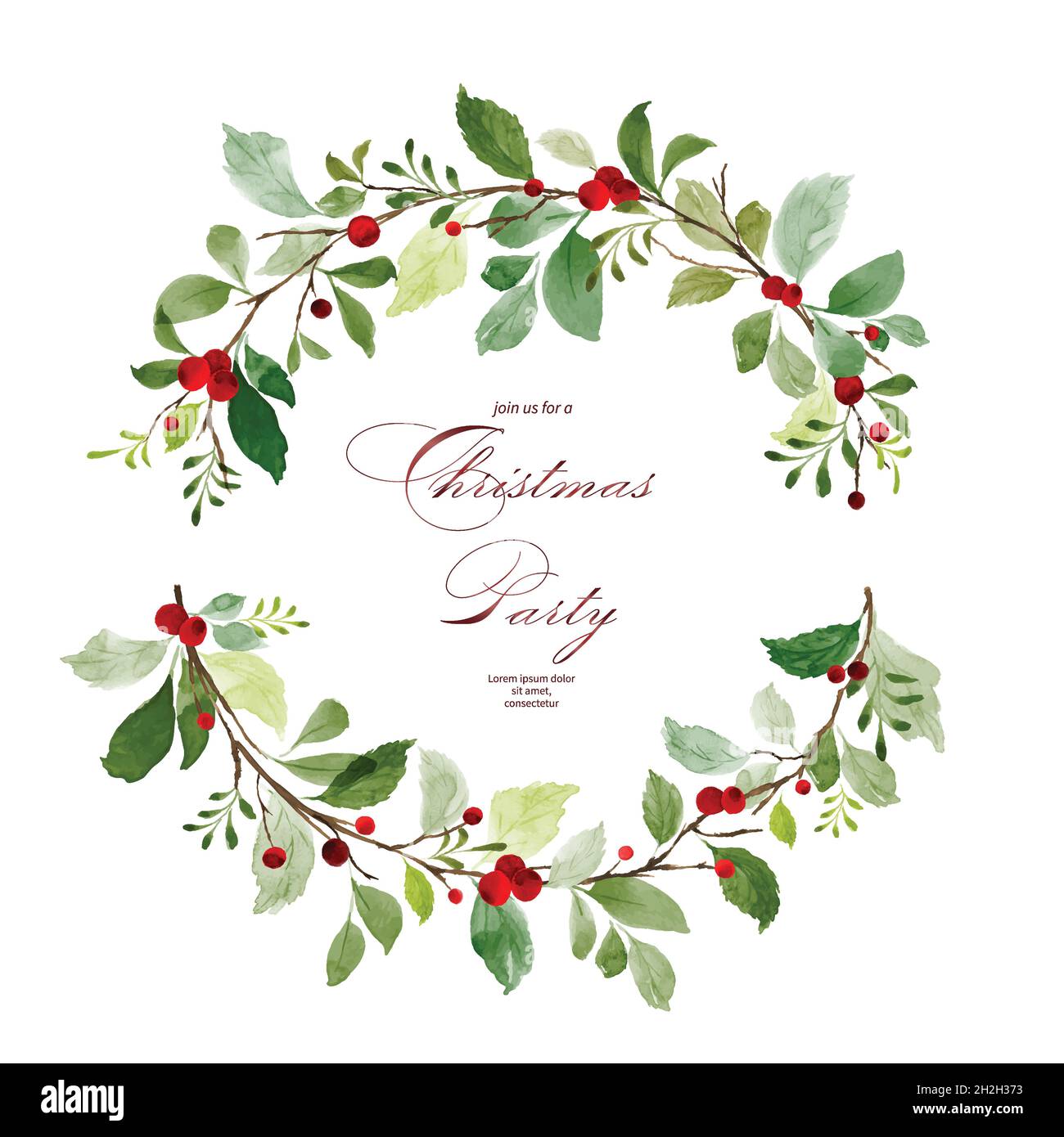 Merry Christmas with berry wreath watercolor. Bouquet of holly leaves and pine branches watercolor hand-painted. Suitable for Christmas cards design, Stock Vector