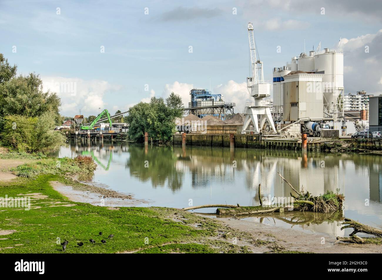 Rotterdam, The Netherlands, October 7, 2021: view from the tidal nature on Brienenoord island towards industrial activities on the other side of Zuidd Stock Photo
