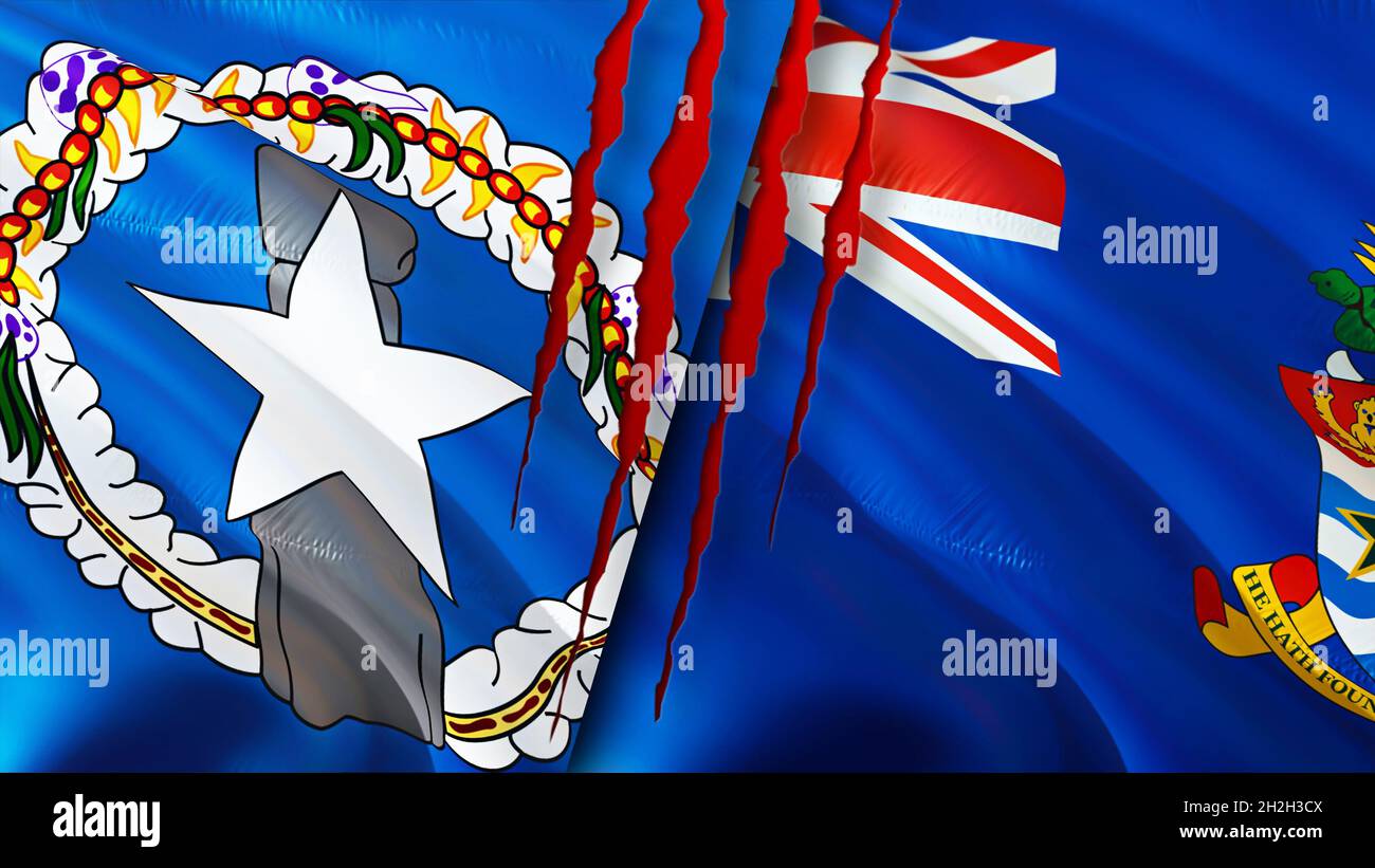 Mariana Islands and Cayman Islands flags with scar concept. Waving flag ...