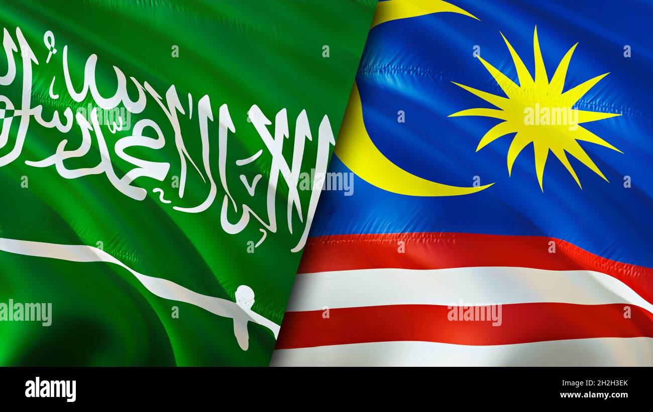 Saudi Arabia and Malaysia flags. 3D Waving flag design. Malaysia Saudi Arabia flag, picture, wallpaper. Saudi Arabia vs Malaysia image,3D rendering. S Stock Photo