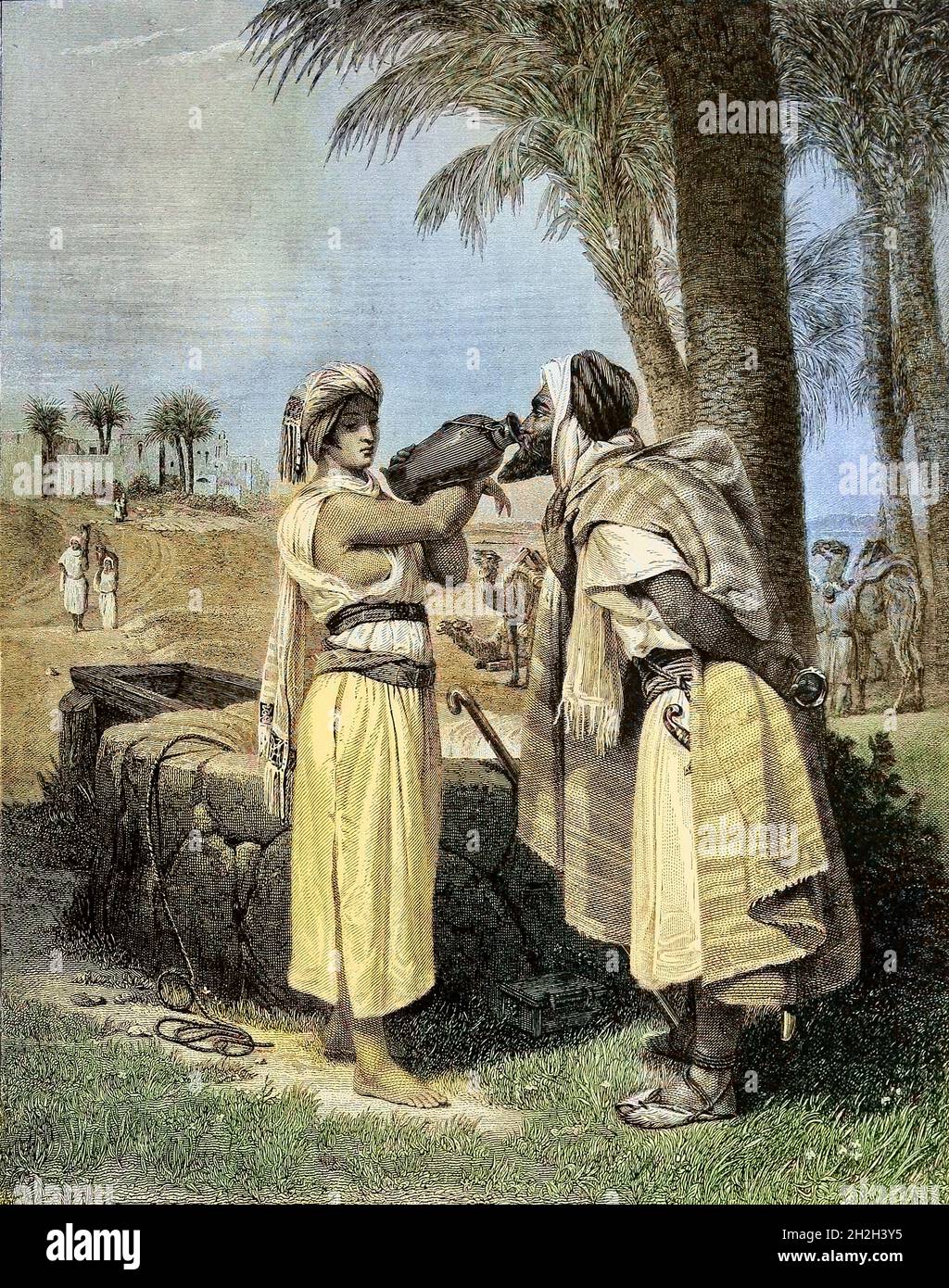 Machine Colorized image of Rebekah and Eliezer at the well from ' The Doré family Bible ' containing the Old and New Testaments, The Apocrypha Embellished with Fine Full-Page Engravings, Illustrations and the Dore Bible Gallery. Published in Philadelphia by William T. Amies in 1883 Stock Photo