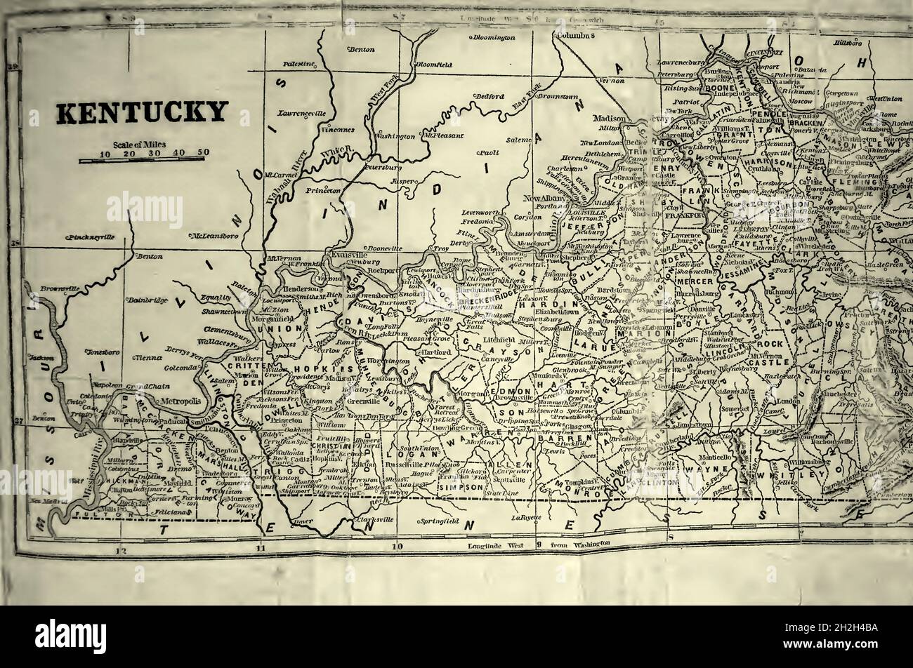 Map of Kentucky 1847 from the book ' Historical Sketches Of Kentucky (1847) ' ITS HISTORY, ANTIQUITIES, AND NATURAL CURIOSITIES, GEOGRAPHICAL, STATISTICAL, AND GEOLOGICAL DESCRIPTIONS. WITH ANECDOTES OF PIONEER LIFE By Lewis Collins. Published by Lewis Collins, Maysville, KY. and J. A. & U. P. James Cincinnati. in 1847 Stock Photo