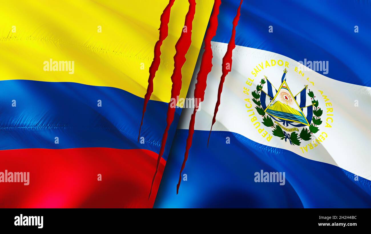 Colombia and El Salvador flags with scar concept. Waving flag 3D