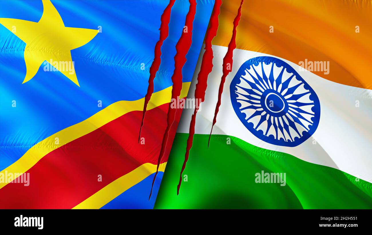 DR Congo and India flags with scar concept. Waving flag,3D rendering