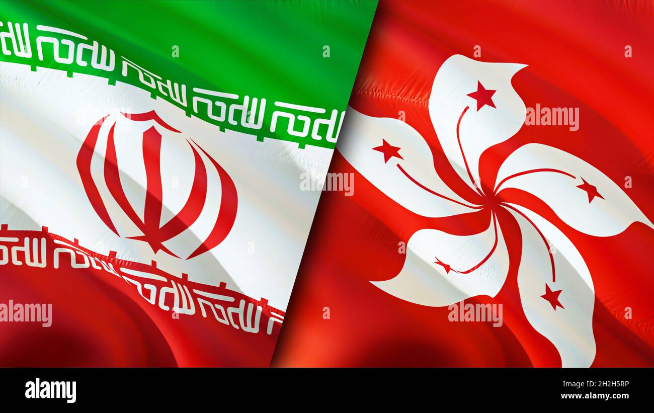 Iran and Hong Kong flags. 3D Waving flag design. Hong Kong Iran flag