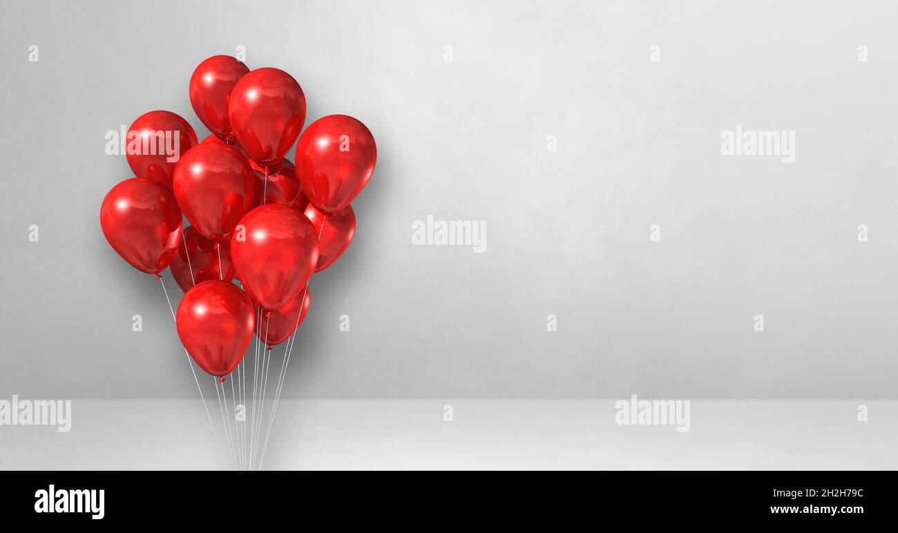 Red balloons bunch on a white wall background. Horizontal banner. 3D ...