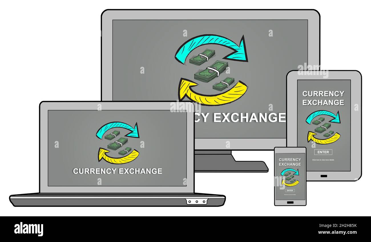 Currency exchange concept shown on different information technology ...