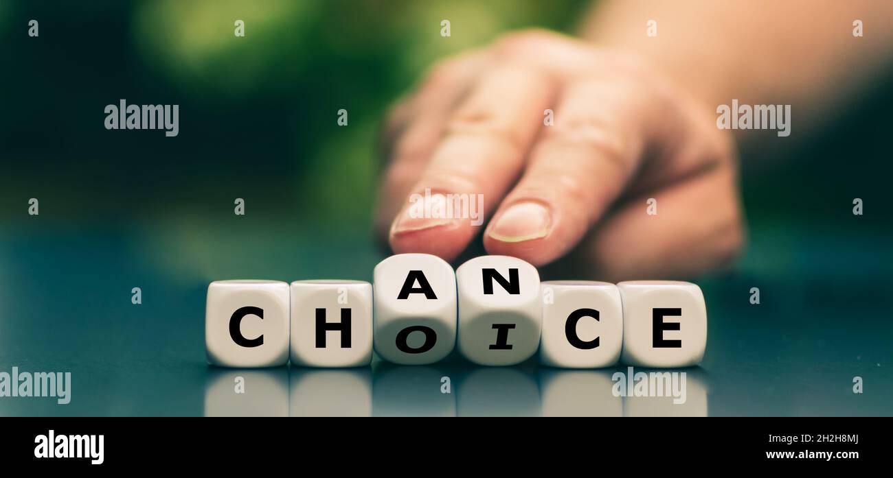 Hand Turns Dice And Changes The Word Choice To Chance. Symbol That 