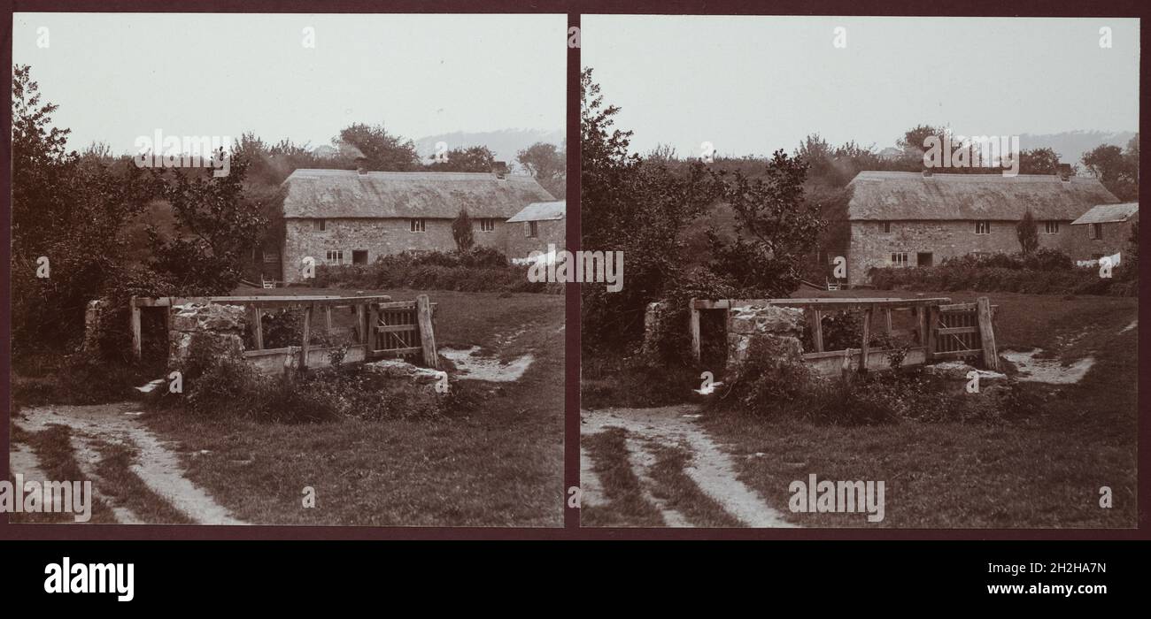 Old Mill, Rhode Lane, Uplyme, East Devon, Devon, 1913. Stereoscopic view showing Old Mill, formerly known as Uplyme Mill, from the south-east. Stock Photo