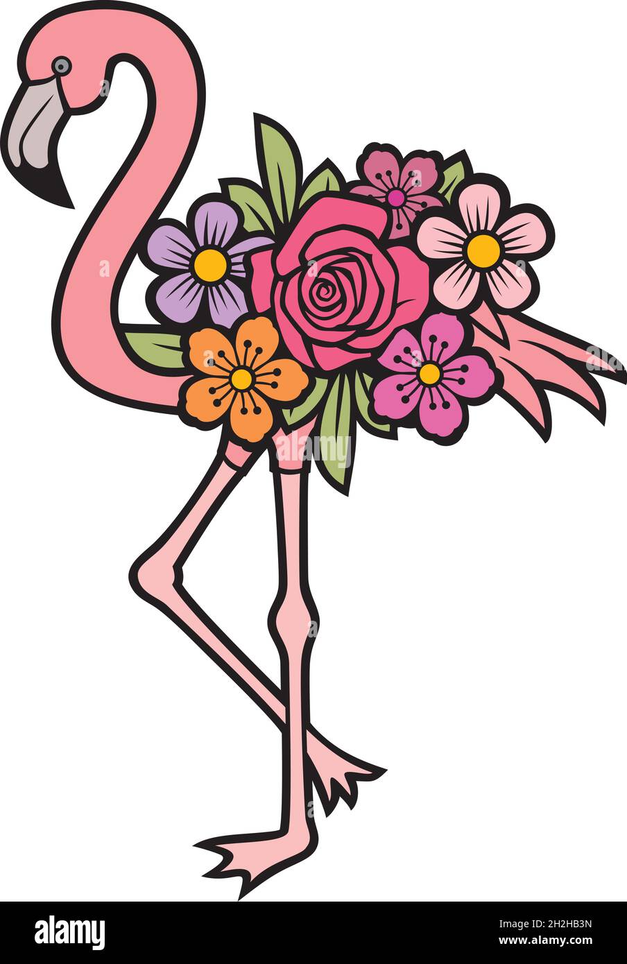 Flamingo with flowers color vector illustration Stock Vector