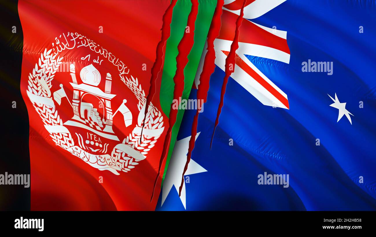 Afghanistan and Australia flags with scar concept. Waving flag,3D rendering. Australia and Afghanistan conflict concept. Afghanistan Australia relatio Stock Photo