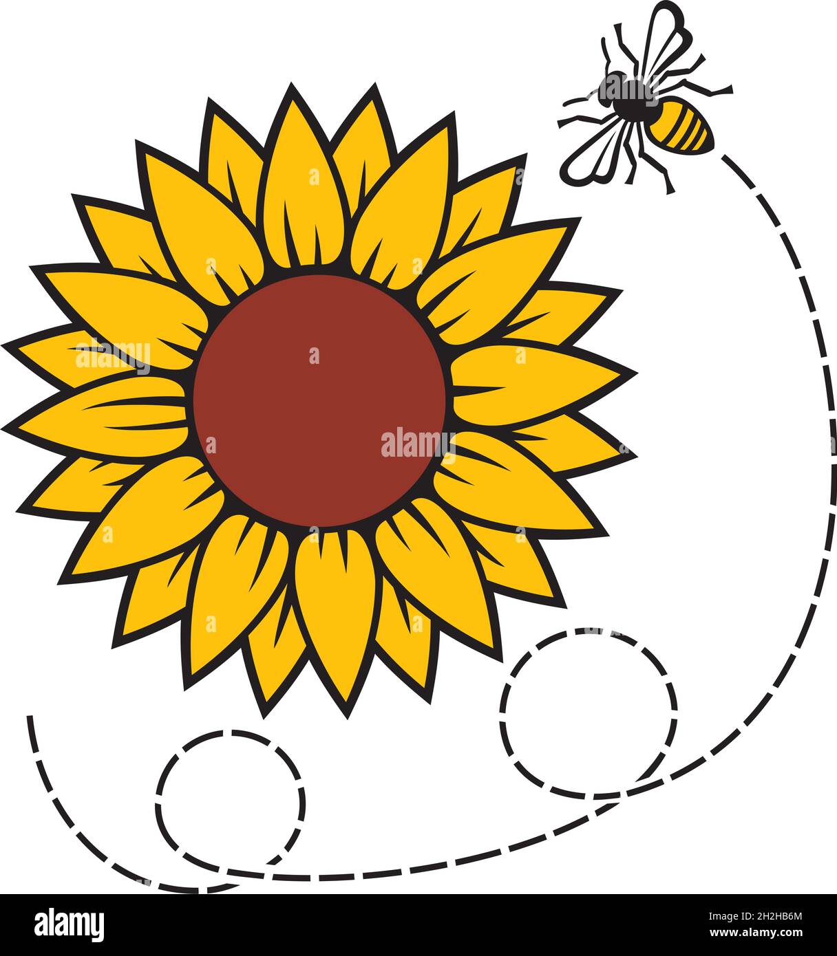 Sunflower and flying Bee color vector illustration Stock Vector